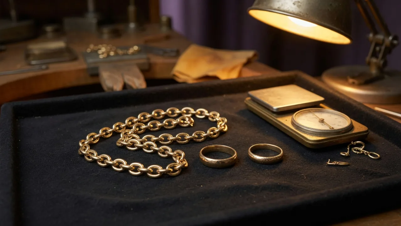 18K gold chain and rings on a jeweler tray before weighing melt value