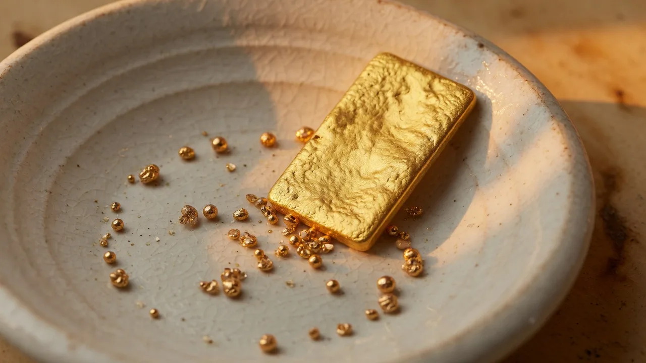 Small 24K gold grain bar and granules in an assay dish