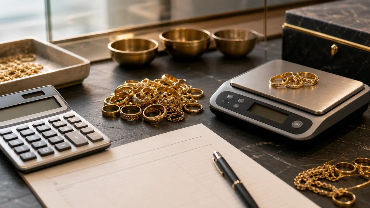 Gold rings on a digital scale with a calculator for estimating a cash for gold offer