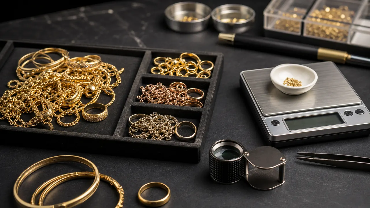 Gold jewelry and assay tools arranged for a gold melt value calculation
