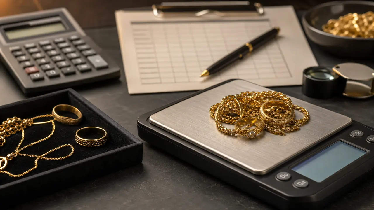 18K gold jewelry on a scale for estimating pawn shop value