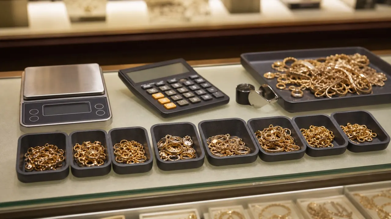 Mixed scrap gold jewelry sorted by karat beside a jeweler scale and calculator